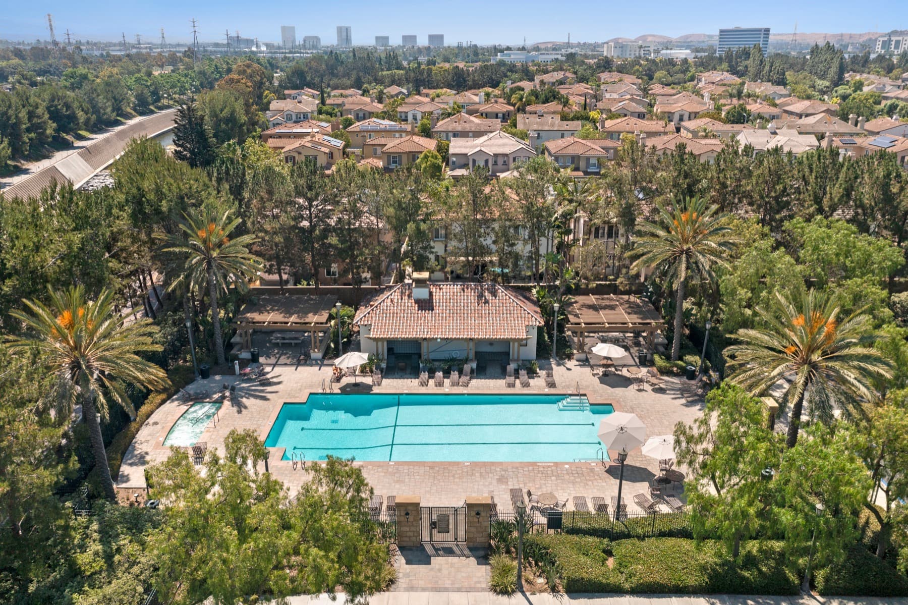 San Diego community pool and amenities aerial view