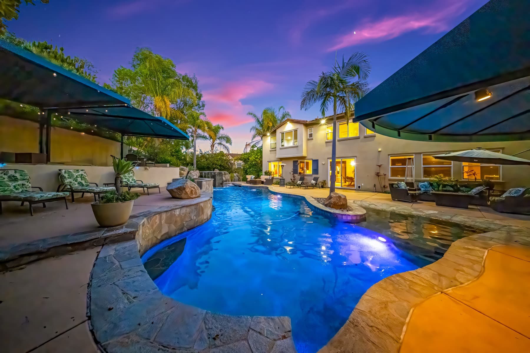 Luxury San Diego property with pool at twilight
